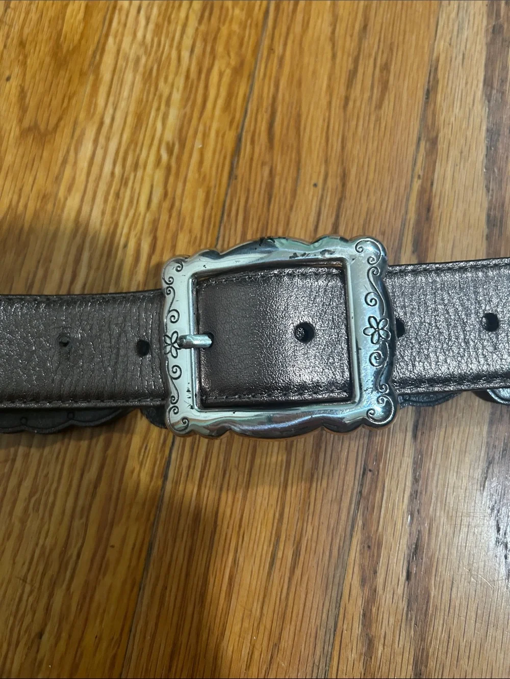 Brighton Brown/Pewter Leather Scalloped Belt with Engraved Silver Buckle